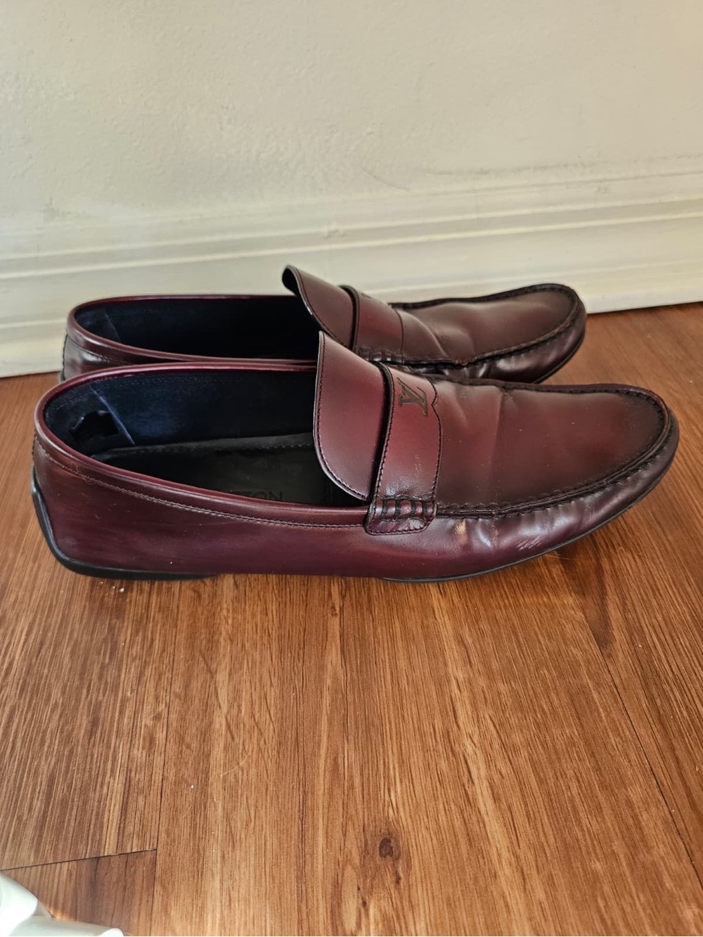 Louis Vuitton Men's Burgundy Leather Penny Loafers with LV Logo - Picture 7 of 10